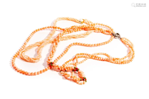 THREE CORAL BEADED NECKLACES