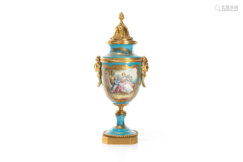 FRENCH PORCELAIN COVERED URN WITH BRONZE MOUNTS