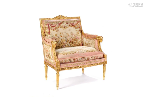LOUIS XVI GILT ARMCHAIR WITH TAPESTRY UPHOLSTERY