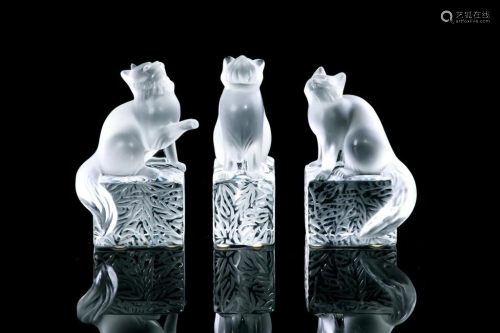 THREE LALIQUE FRANCE FROSTED GLASS CATS