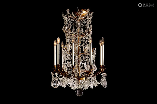 TIERED GILT METAL & GLASS NINE LIGHT CHANDELIER