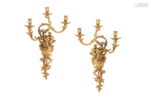 PAIR OF BRONZE GILT THREE BRANCH WALL SCONCES