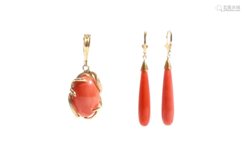 PAIR OF CORAL EARRINGS AND PENDANT