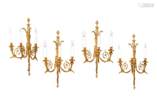 SET OF FOUR GILT BRONZE THREE BRANCH WALL SCONCES