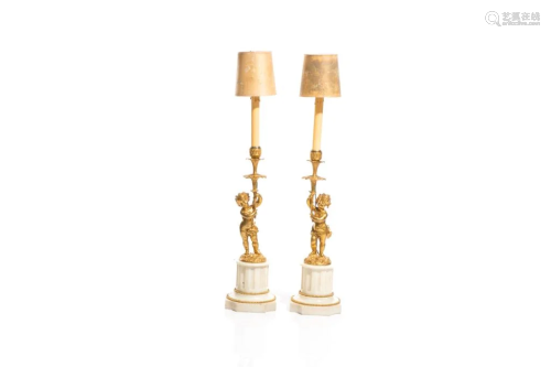 PAIR OF GILT BRONZE ON MARBLE PUTTI LAMPS