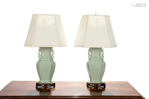 PAIR OF CHINESE CELADON GLAZED HU VASE AS LAMPS