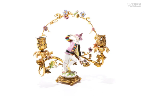 MEISSEN HARLEQUIN FIGURAL TWO LIGHT CANDELABRA