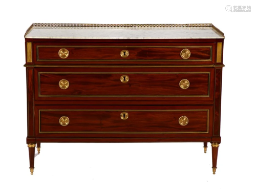 FRENCH MARBLE TOP COMMODE WITH BRASS HARDWARE