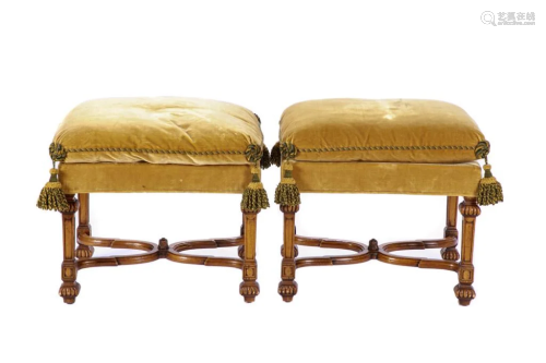 PAIR OF WALNUT X-FORM UPHOLSTERED FOOTSTOOLS