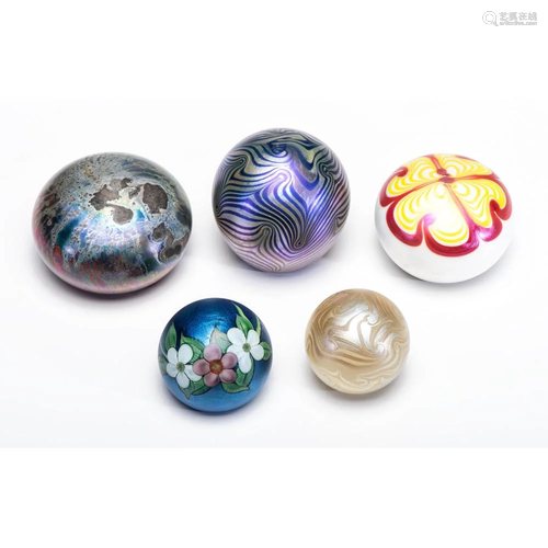 Five Iridescent Art Glass Paperweights