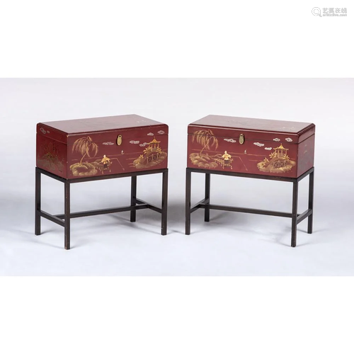 A Pair of Contemporary Red Lacquered Boxes on Stands in