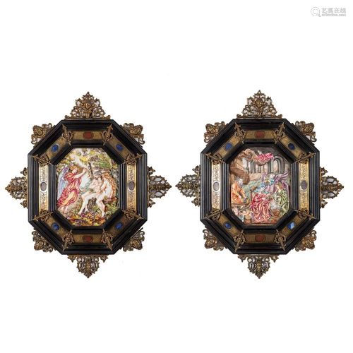 Two Framed Capodimonte Porcelain Plaques with Biblical