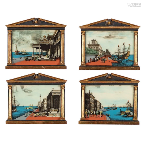 Four Italian Reverse Glass Painted Harbor Scenes