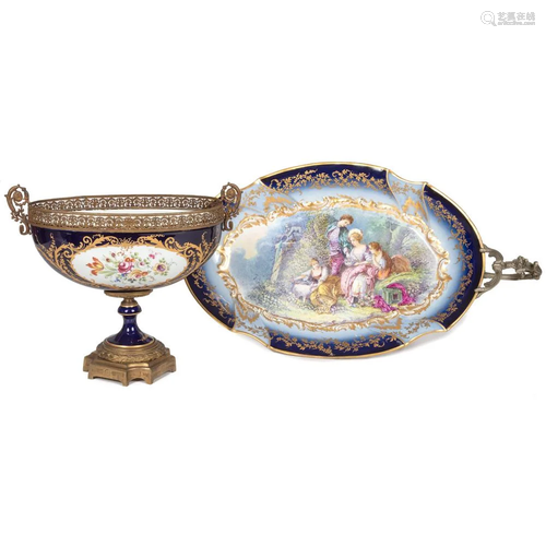 A Sevres-style Gilt and Polychrome Compote and Platter