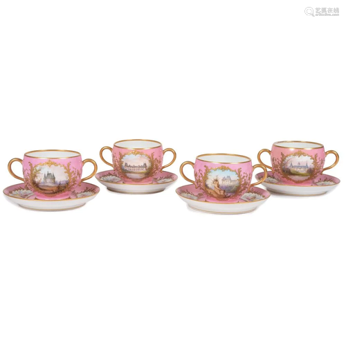 Four Chateau des Tuileries Bullion Cups and Saucers in