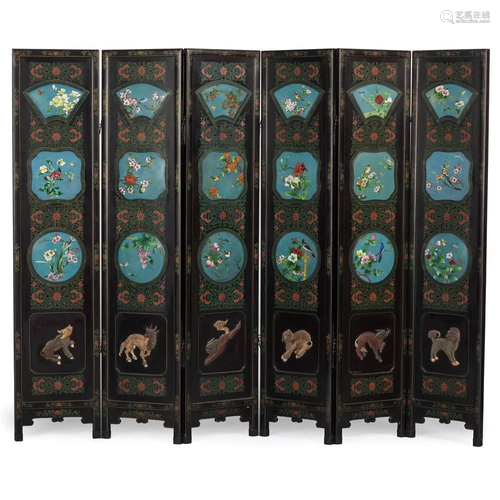 A Chinese Cloisonné Enamel Inset Lacquered Floor Screen