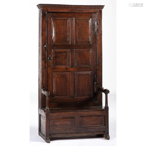 An English Panelled Oak Hall Settle Cupboard