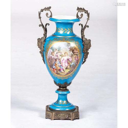 A Monumental Sevres-style Urn in Turquoise with Bronze