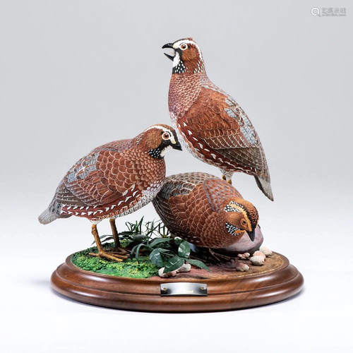 A Trio of Carved Wood Bobwhite Quails by Ronald G.