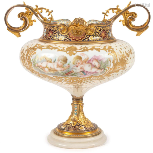 A French Porcelain and Champleve Enamel Urn