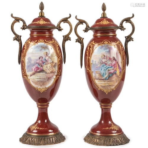 A Pair of French Hand-Painted Porcelain Urns with Metal