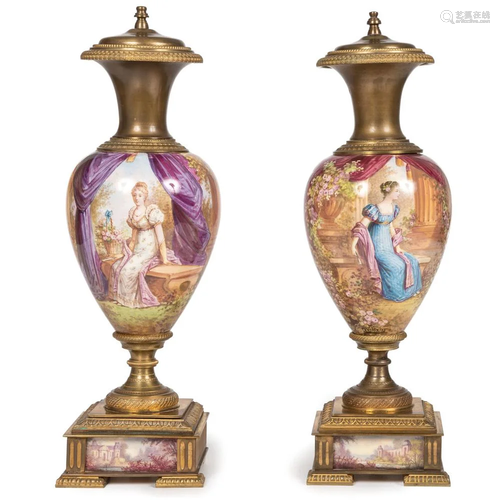 A Pair of Sevres-style Gilt Bronze Lidded Urns