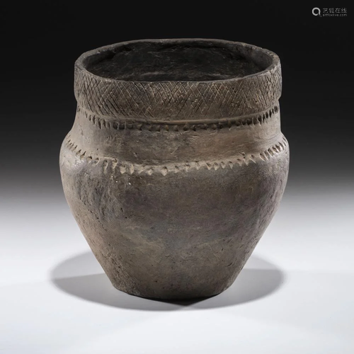 An Incised Hopewell Pottery Jar, 7-3/4 x 7-1/4 in.