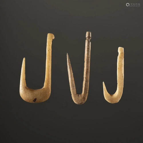 A Group of Three Bone Fish Hooks, Largest 1-1/4 in.