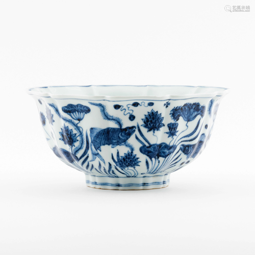 MING BLUE & WHITE CARP LOTUS POND BOWL ON STAND