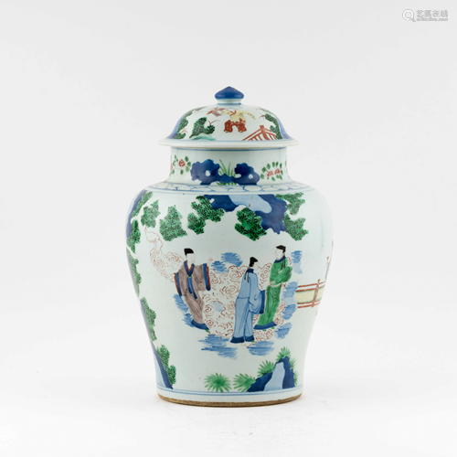 CHINESE FIRURINES IN LANDSCAPE LIDDED JAR