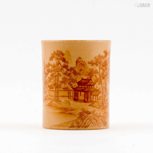 CHINESE FAMILLE ROSE LANDSCAPE BRUSH POT