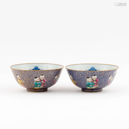 PAIR CHINESE BLUE & RED DRAGON OVER WAVES BOWLS