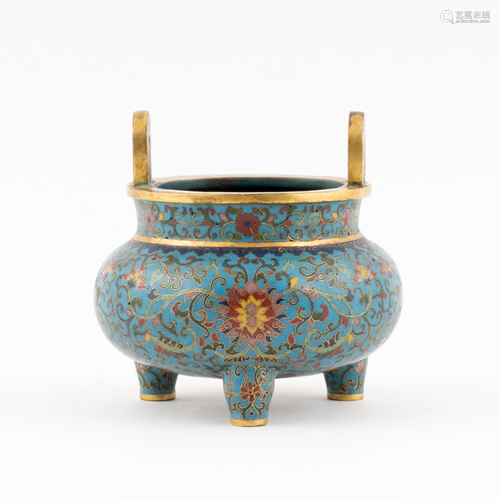 CHINESE GILT BRONZE CLOISONNE TRIPOD CENSER