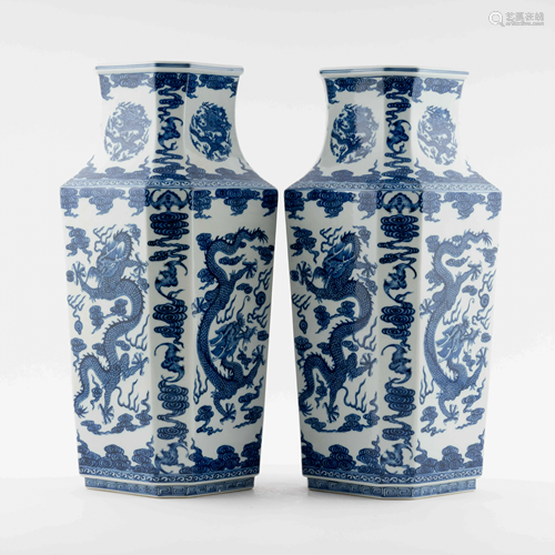 PAIR OF BLUE & WHITE DRAGON SQUARED ZUN VASE