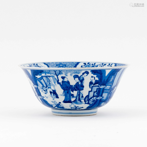 CHINESE BLUE & WHITE FIGURINES & LANDSCAPE BOWL