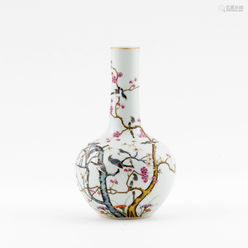 CHINESE FAMILLE ROSE MAGPIE & PRUNUS REWARD VASE