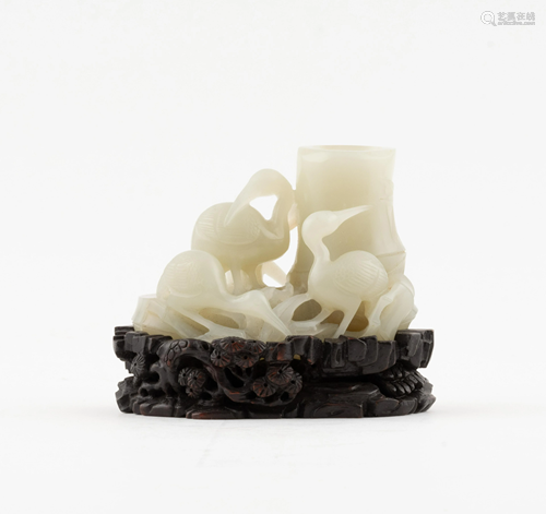 CARVED CHINESE JADE OF BAMBOO AND CRANES