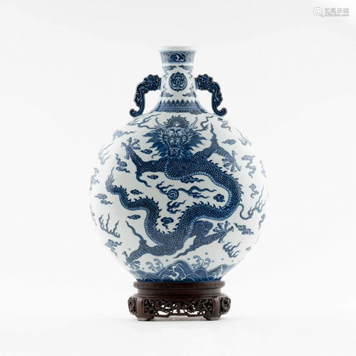 QING BLUE & WHITE DRAGON MOON VASE ON STAND