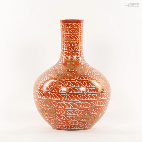 CHINESE RED UNDERGLAZED FLORAL MOTIF REWARD VASE