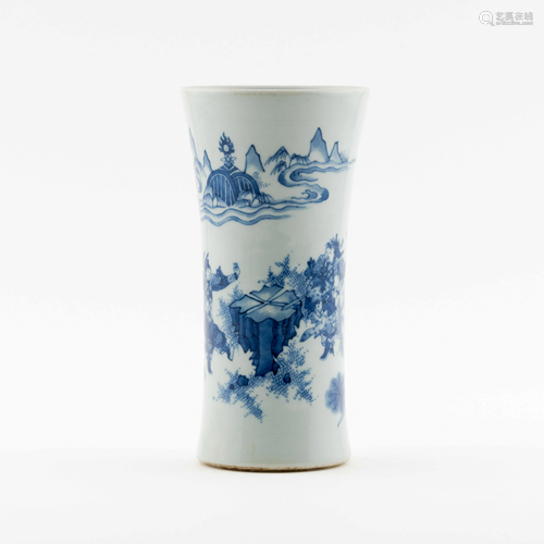 MING BLUE AND WHITE FIGURINE & LANDSCAPE BRUSH POT