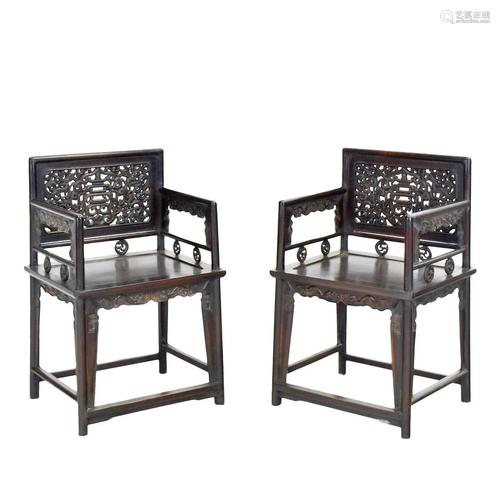 19TH C PAIR OF ZITAN LOW-BACK ARMCHAIRS, MEIGUI YI