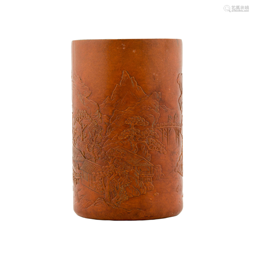 19TH C CHINESE CARVED DRIED GOURD BRUSH POT