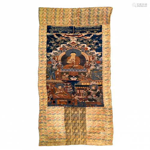 18TH C LARGE QING BUDDHIST MAITREYA WOVEN SILK T…