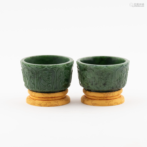 PAIR OF GREEN JADE CENSERS ON STAND