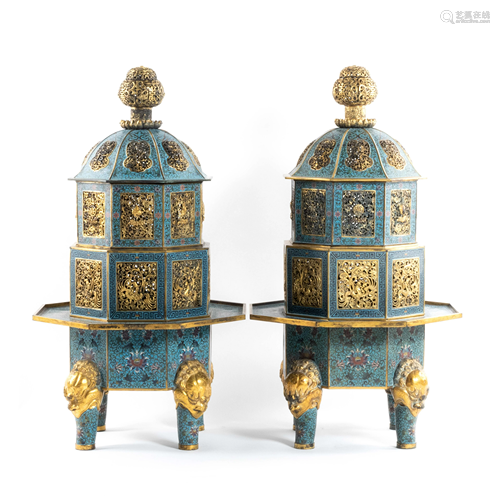 PAIR OF LARGE GILT BRONZE CLOISONNE LIDDED CENSERS