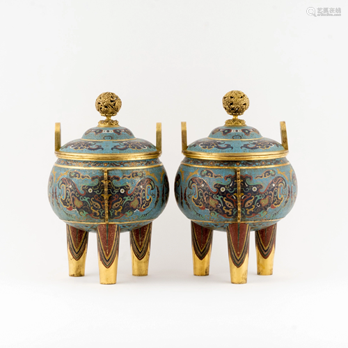 PAIR OF GILT BRONZE CLOISONNE LIDDED TRIPOD CENSERS