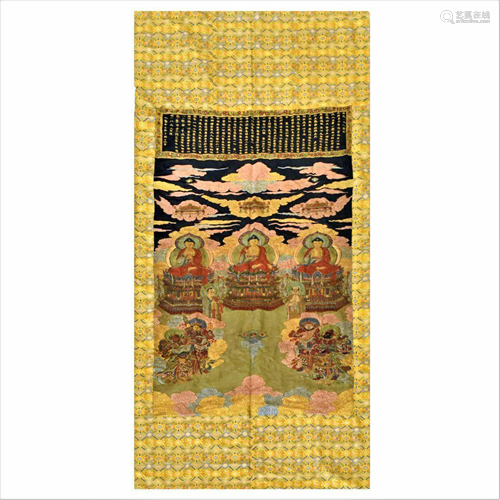 17/18TH C LARGE QING WOVEN SILK BUDDHA & GUARDIAN…