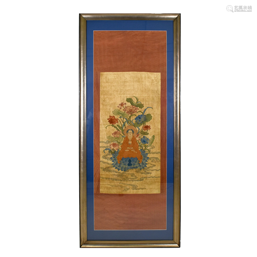 18TH C FRAMED KESI THANGKA OF SEATED BUDDHA