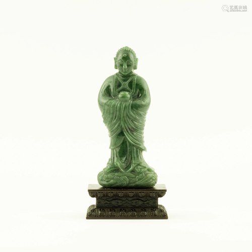 CHINESE GREEN JADE STANDING BUDDHA ON STAND