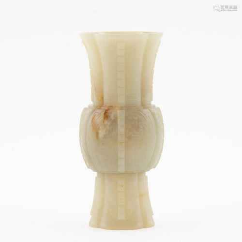 CARVED CHINESE WHITE JADE FLORI-FORM GU VASE